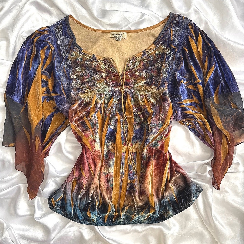 One World Live and Let Live Velvet Boho Blouse Embroidery Sequin Blue Gold 1X